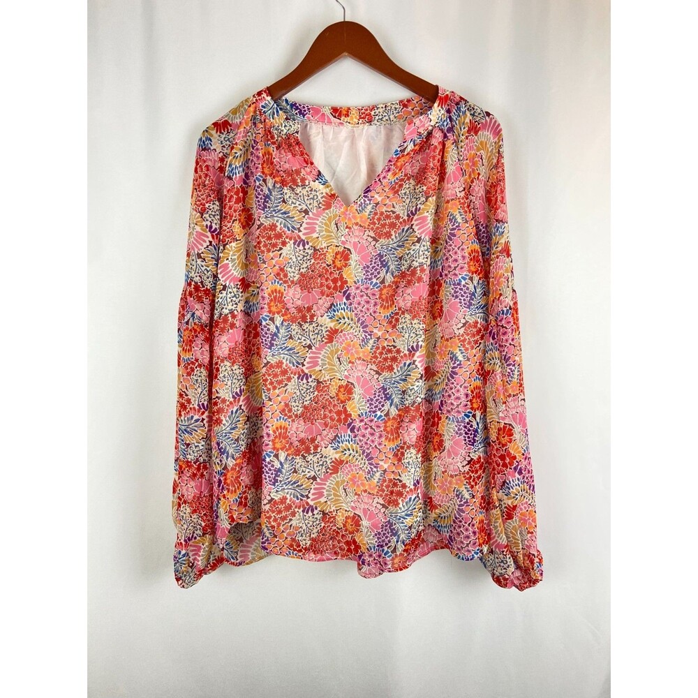 Women's L Floral Long Sleeve Tunic V-Neck Bloomcore Romantic Dopamine Flowy Bold